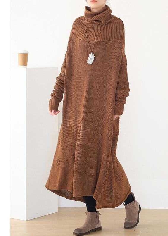 Women back open Sweater high neck dress outfit plus size drak brown daily knit dresses