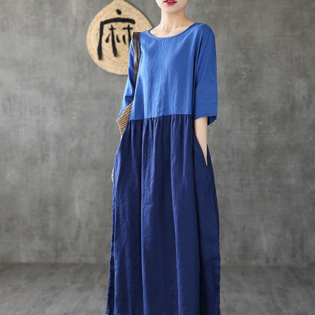 Women Patchwork Half Sleeve Linen Dresses Fashion Ideas Blue Dress Summer