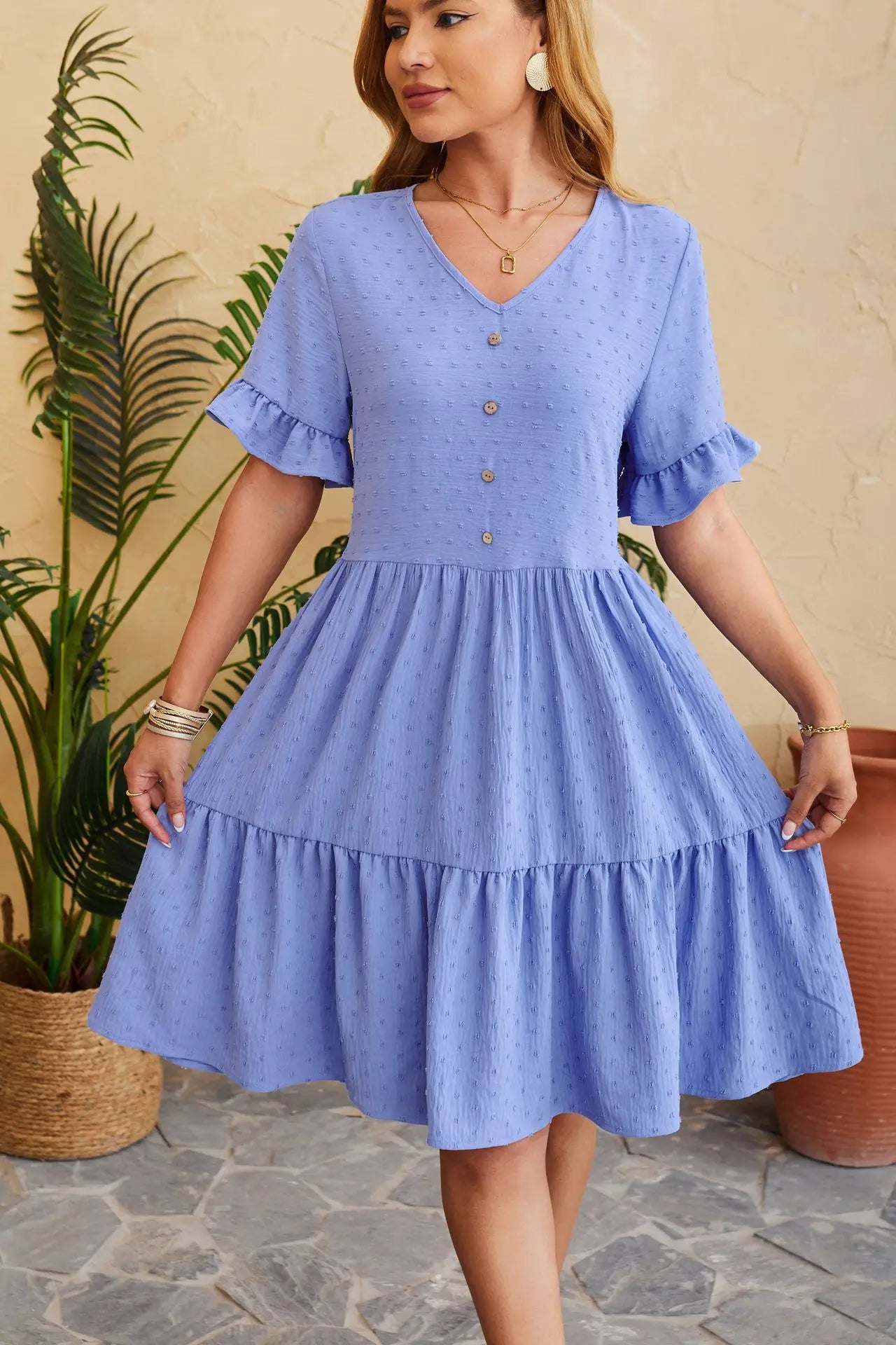 New Jacquard Fivequarter Pleat Polka LOOSE Midi Dresses