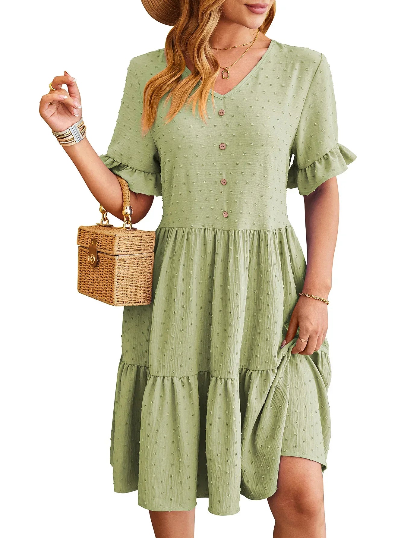 New Jacquard Fivequarter Pleat Polka LOOSE Midi Dresses