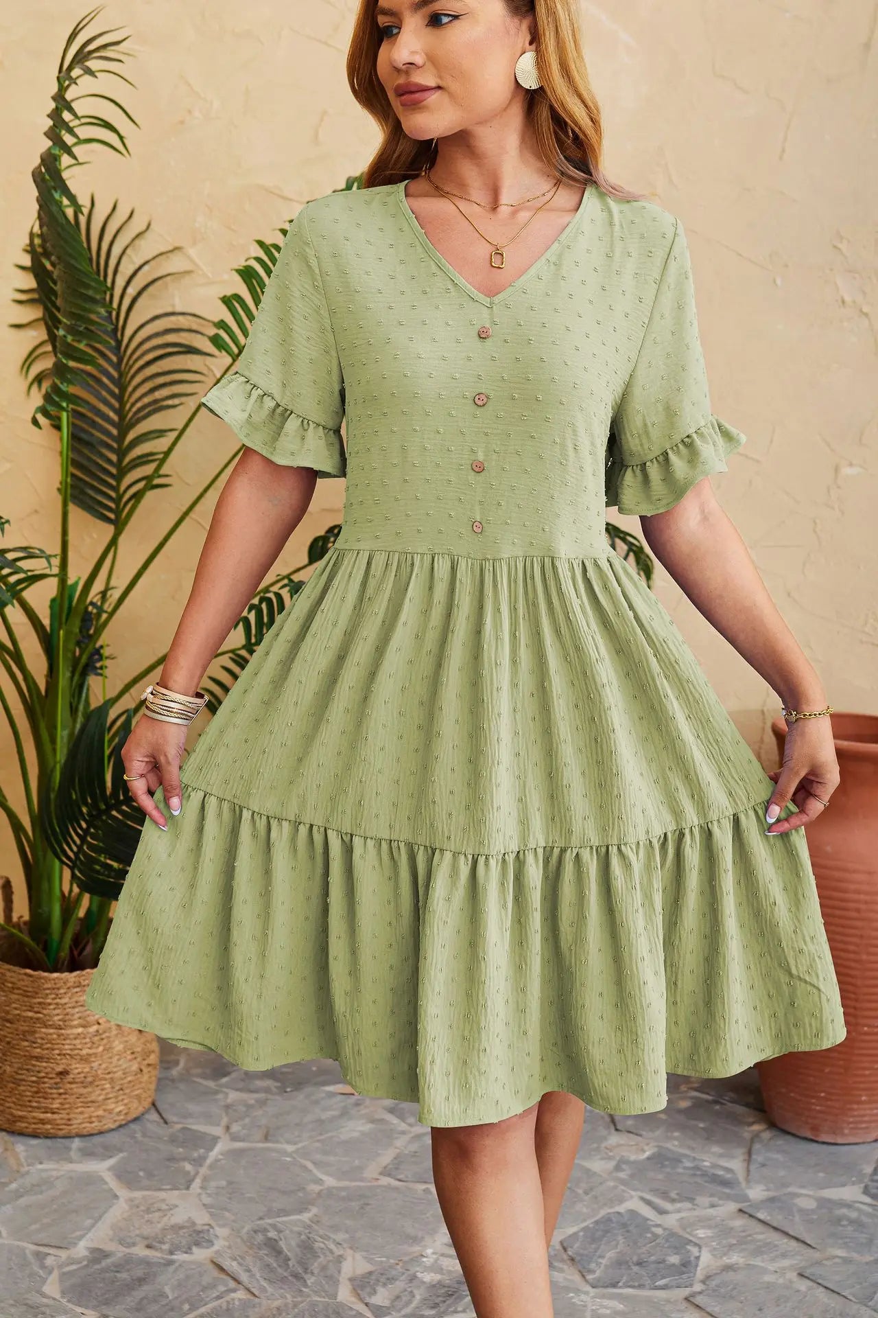 New Jacquard Fivequarter Pleat Polka LOOSE Midi Dresses