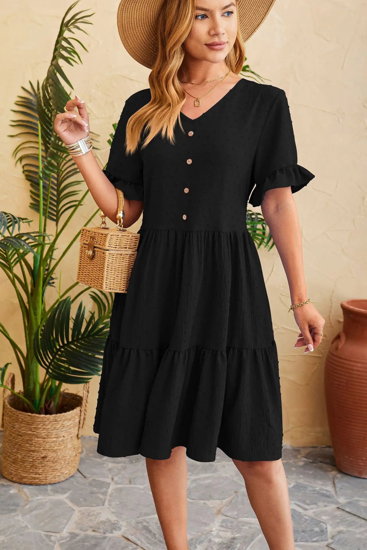 New Jacquard Fivequarter Pleat Polka LOOSE Midi Dresses