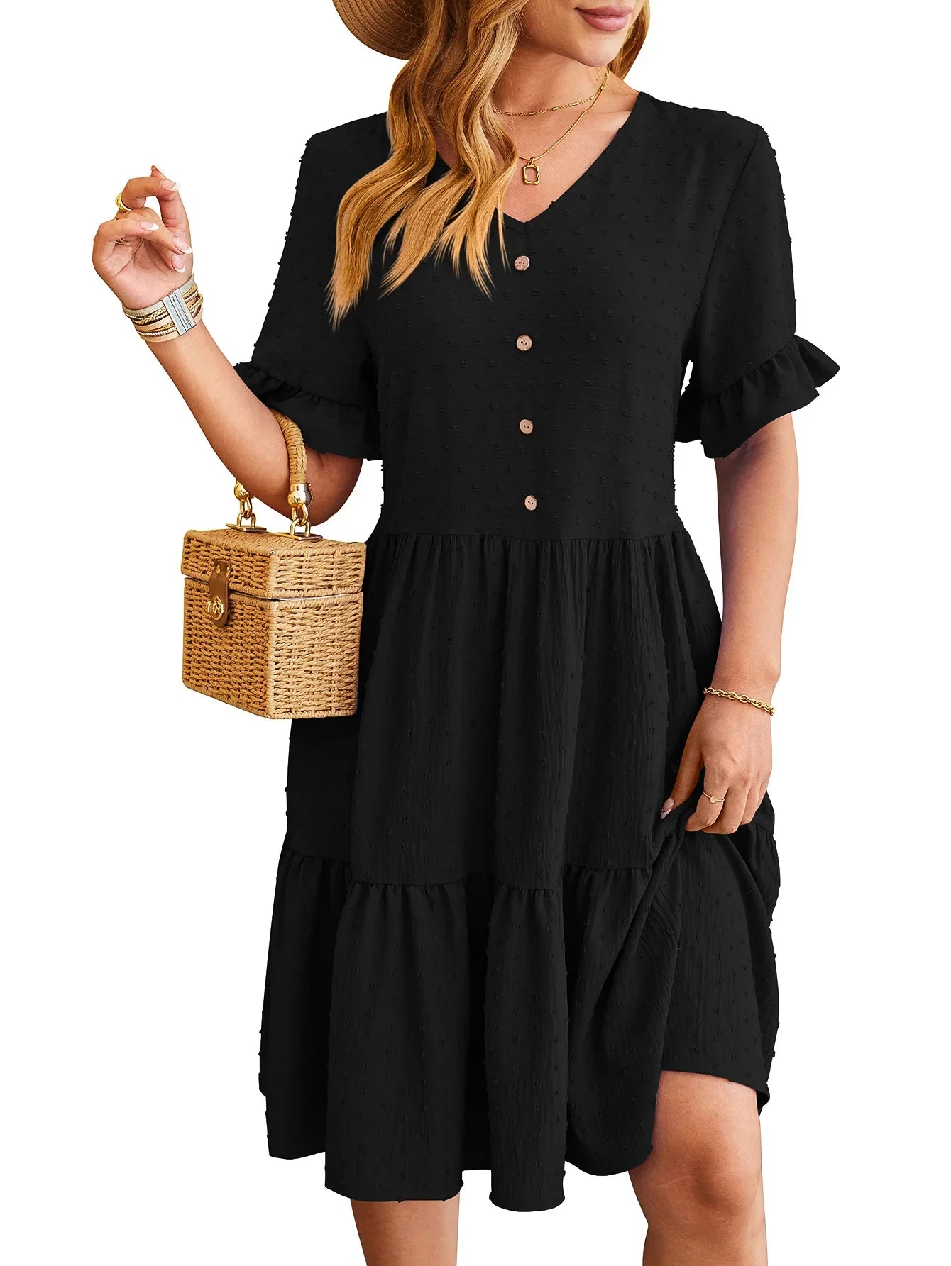 New Jacquard Fivequarter Pleat Polka LOOSE Midi Dresses