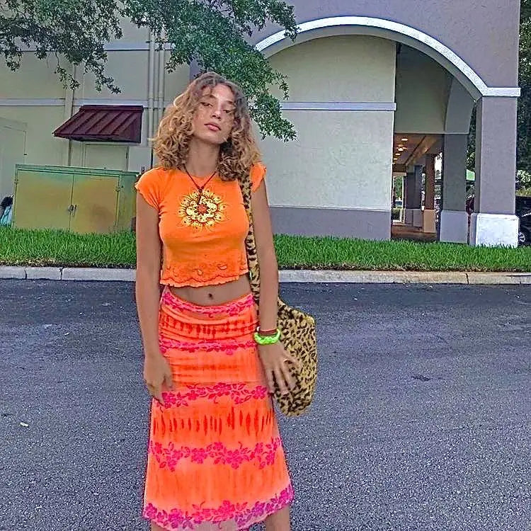 Aesthetic Floral Printed Skirt Bright Boho Casual Beach Skirt ORANGE / S skirt-250126