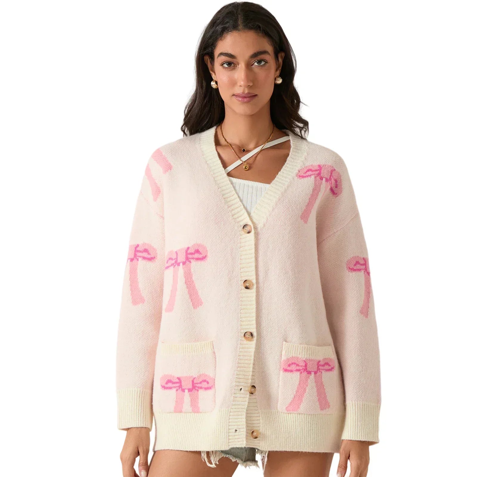 Bow Print Button Cardigan Beige / S Cardigan-241208