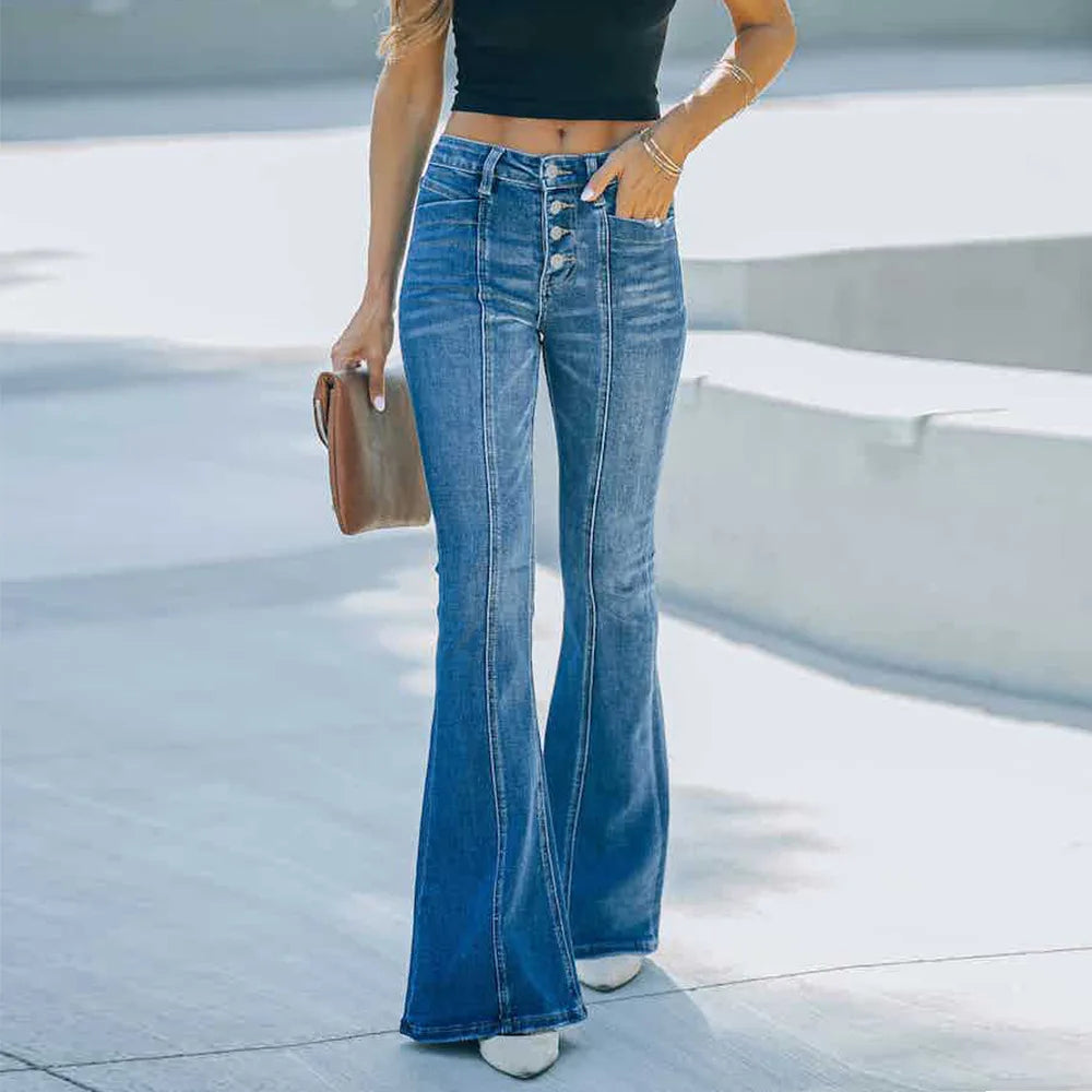 Women’s Flared Patchwork Vintage Fashion Stretch High Waist Casual Slim Streetwear Wide Leg Flare