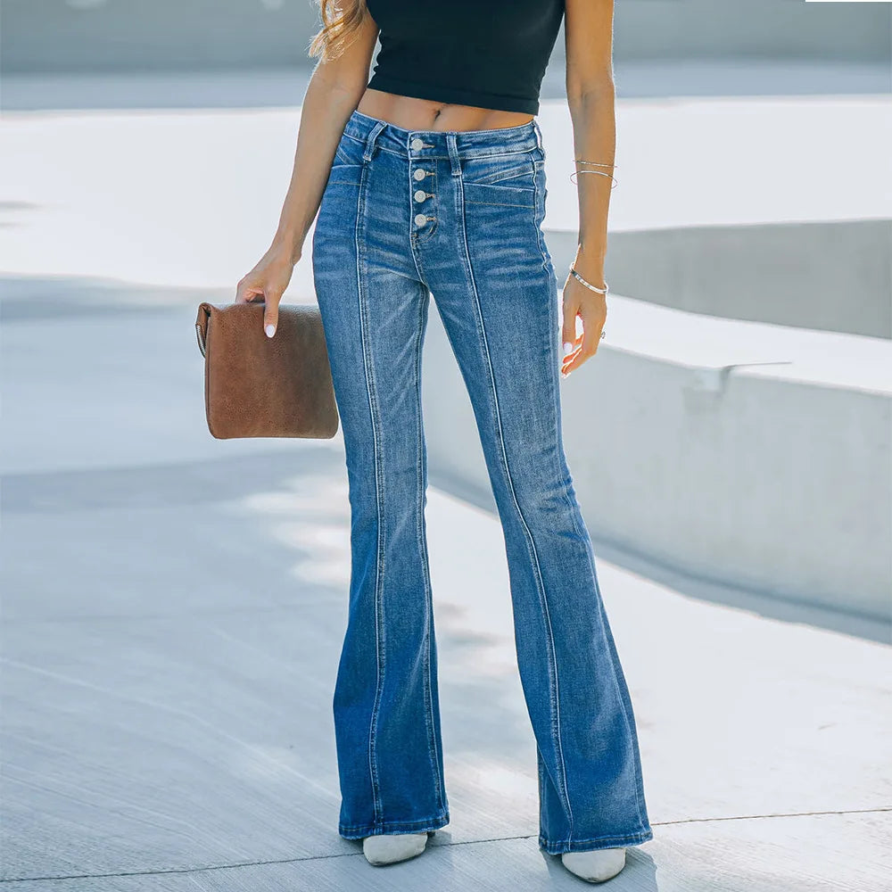 Women's Flared Patchwork Vintage Fashion Stretch High Waist Casual Slim Streetwear Wide Leg Flare Jean
