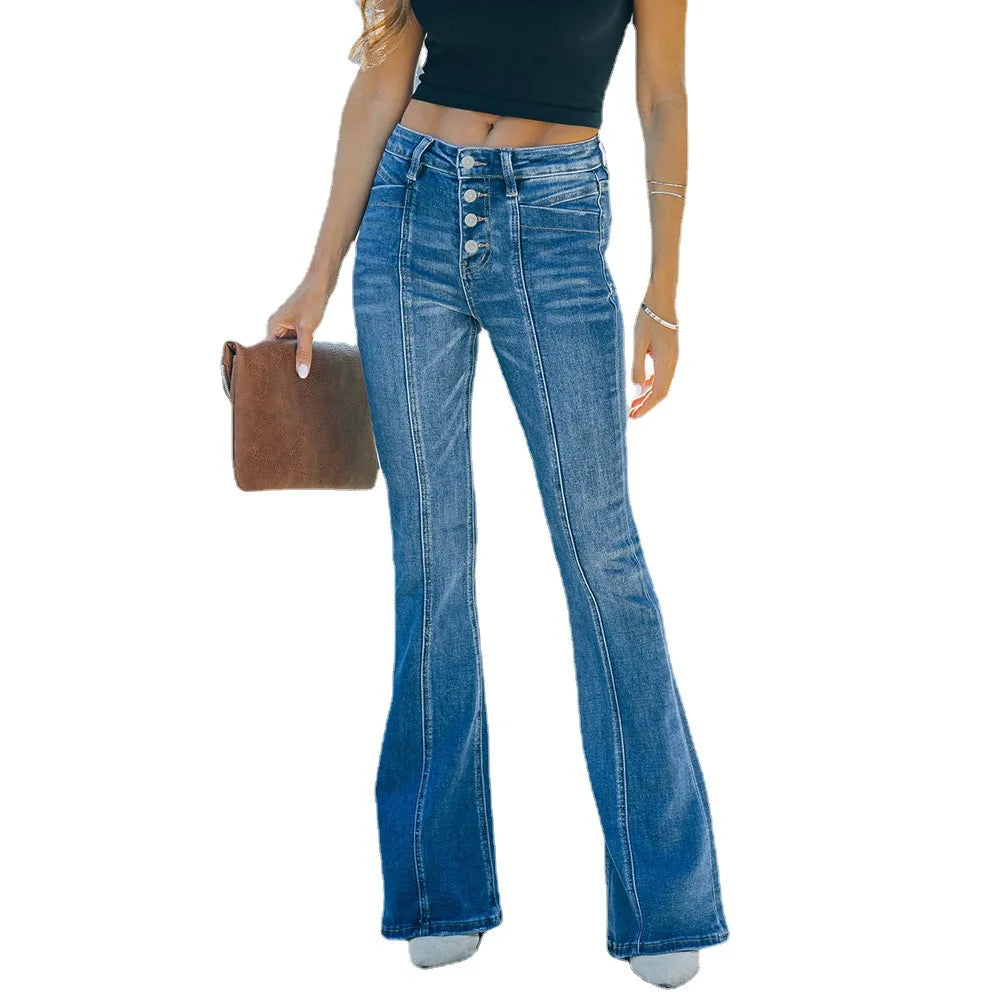 Women's Flared Patchwork Vintage Fashion Stretch High Waist Casual Slim Streetwear Wide Leg Flare Jean