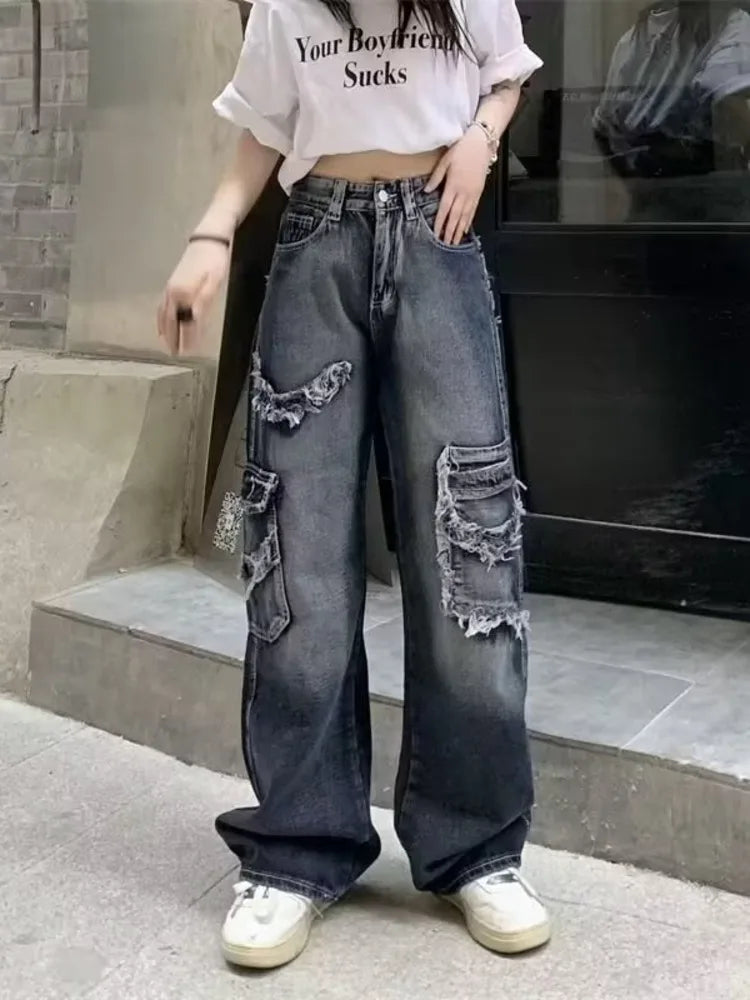 Summer Vintage Washed and Worn Out Versatile Straight Drop High Waist Wide Leg Women's Jean