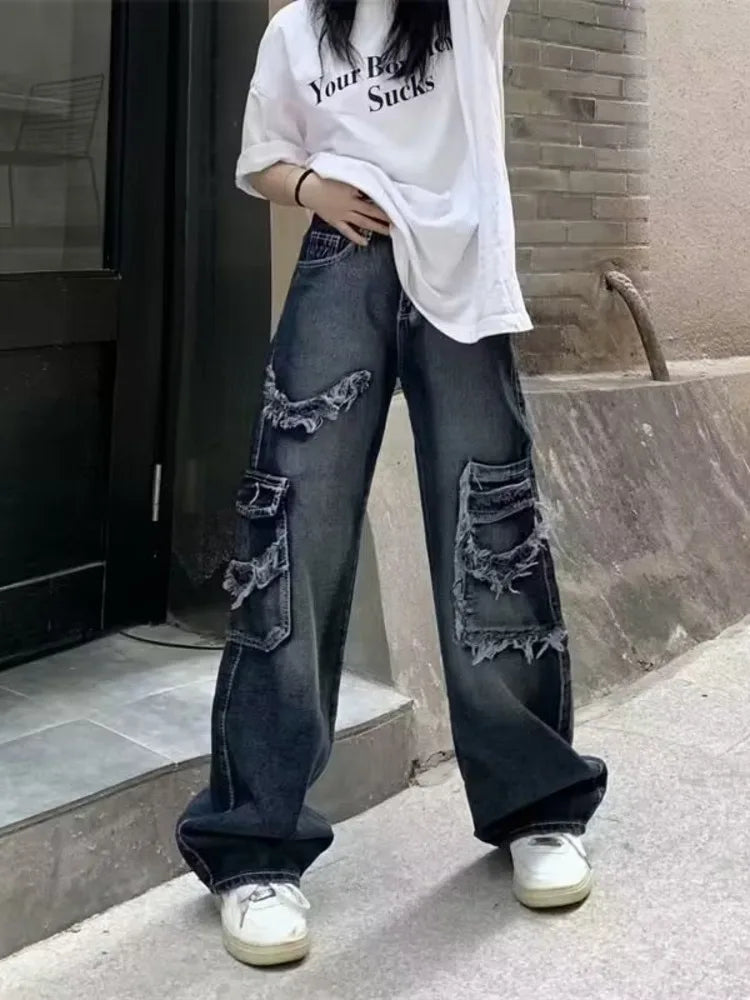 Summer Vintage Washed and Worn Out Versatile Straight Drop High Waist Wide Leg Women's Jean