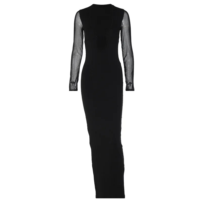Black Hollow Mesh Deep Laceup Elegant Y2K Midi Dresses
