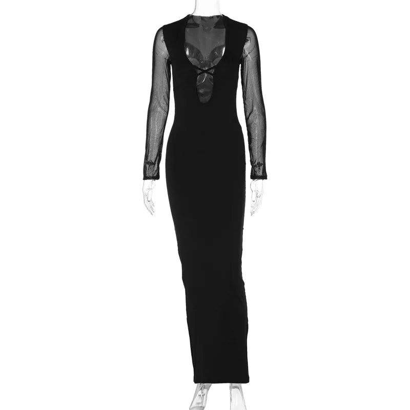 Black Hollow Mesh Deep Laceup Elegant Y2K Midi Dresses