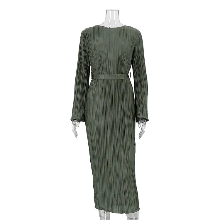 Maxi Autumn New Crewneck Laceup Pleated Elegant Midi Dresses