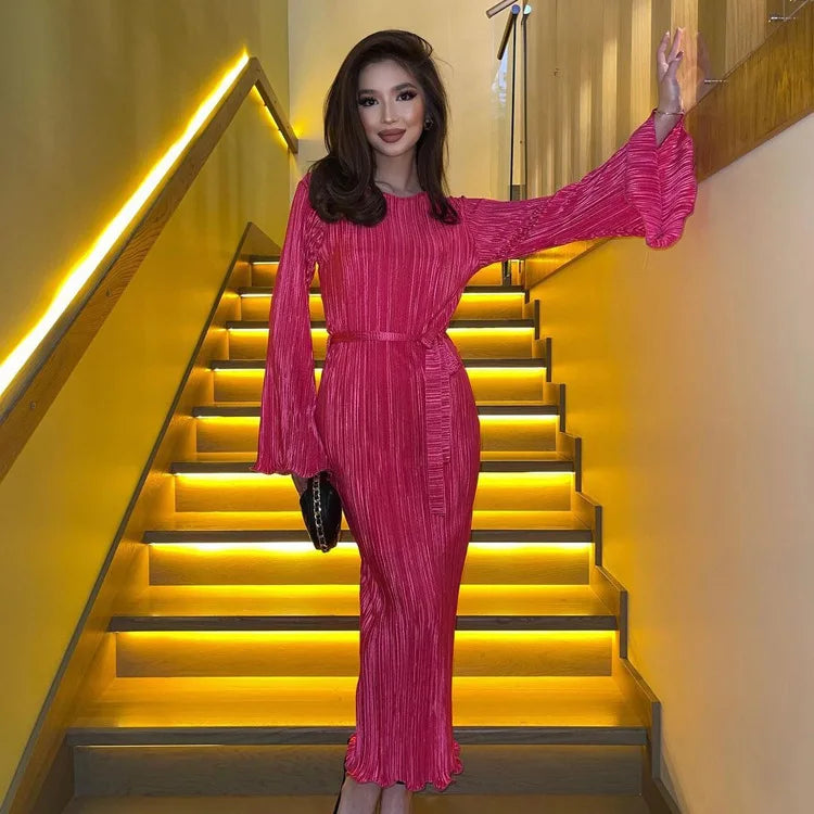 Maxi Autumn New Crewneck Laceup Pleated Elegant Midi Dresses