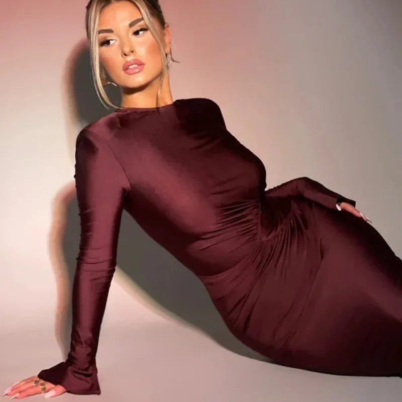Women's Maxi Autumn Winter New Solid Crewneck Personality Pleated Elegant Vestidos Midi Dresses