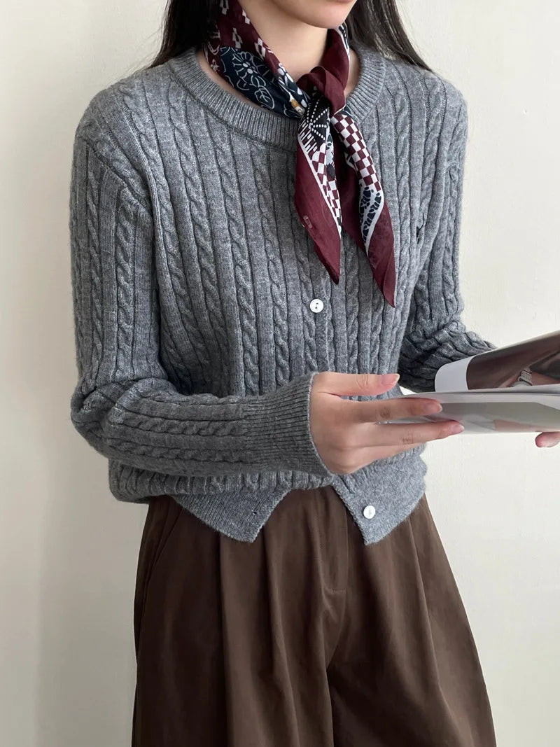 Navy Blue Cable Knit Cartoon Embroidered Trendy Cardigan Sweater
