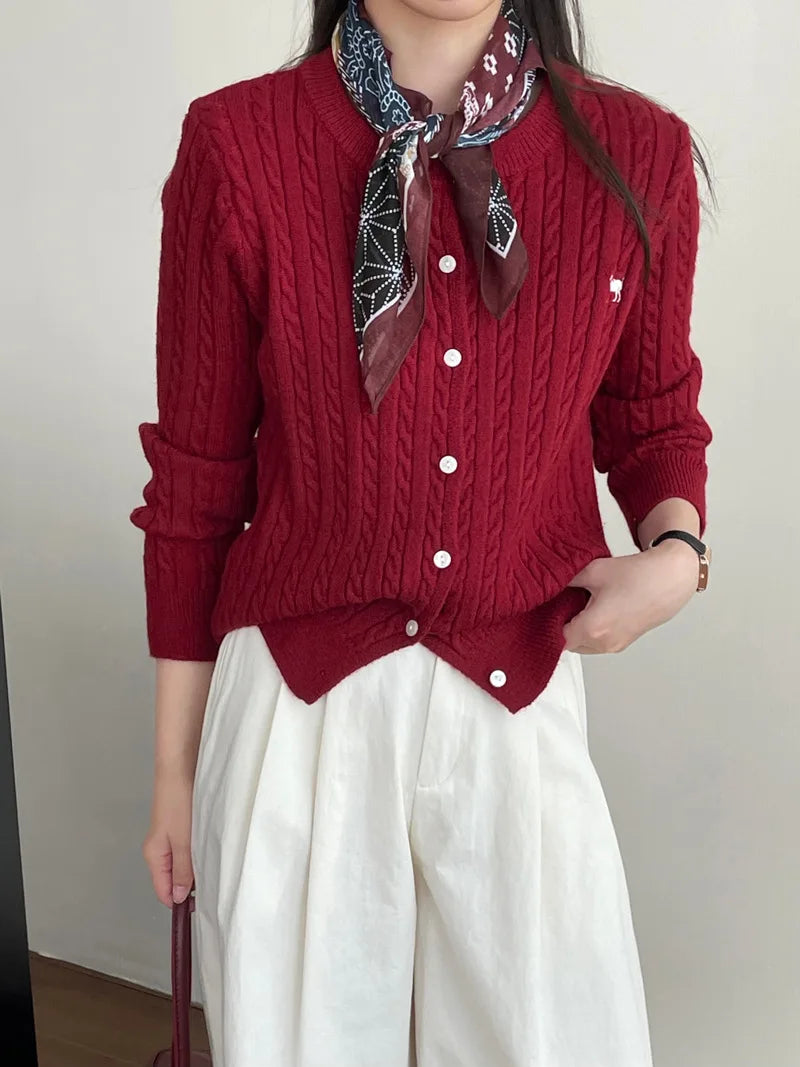 Navy Blue Cable Knit Cartoon Embroidered Trendy Cardigan Christmas Sweater Red / One Size Sweaters-L