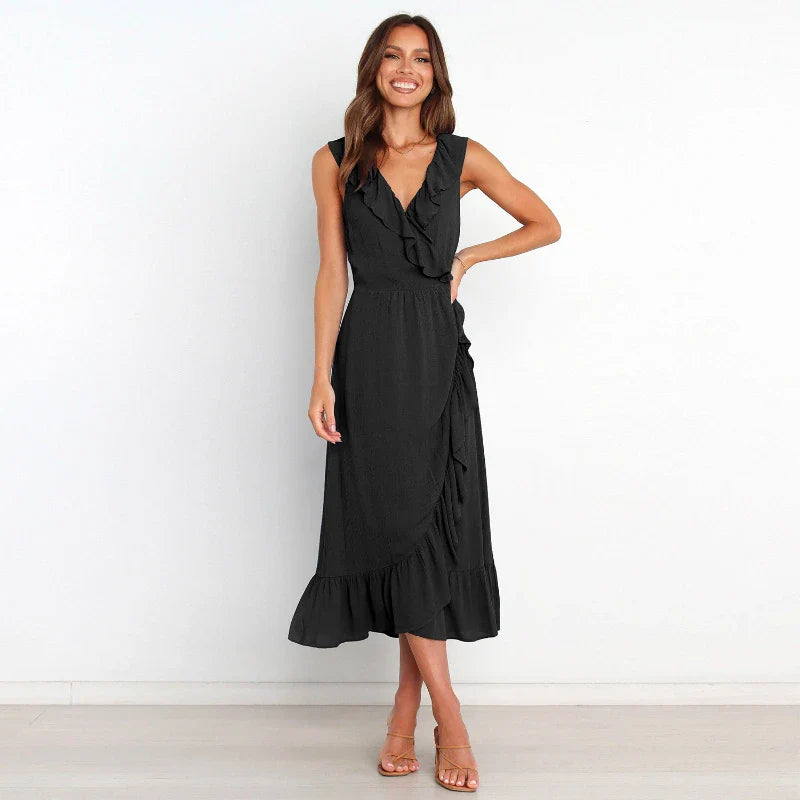 Ruffled Sleeveless Vneck Ruffled Highgrade Elegant Traf Midi Dresses