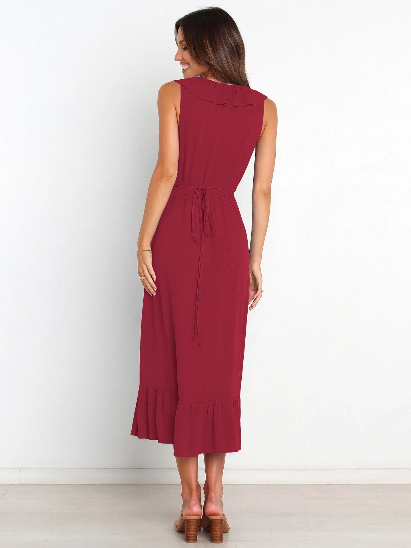 Ruffled Sleeveless Vneck Ruffled Highgrade Elegant Traf Midi Dresses