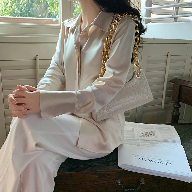 Satin Long Sleeve French Style Office Lady Blouse Champagne / S blouse-250126