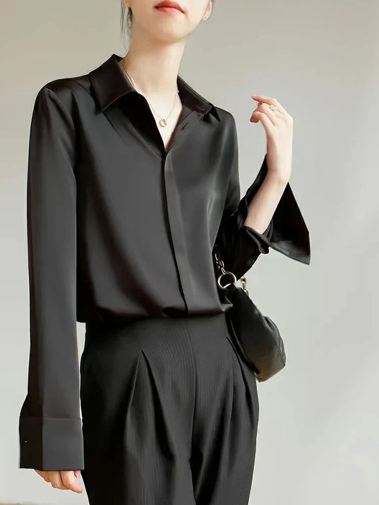 Satin Long Sleeve French Style Office Lady Blouse