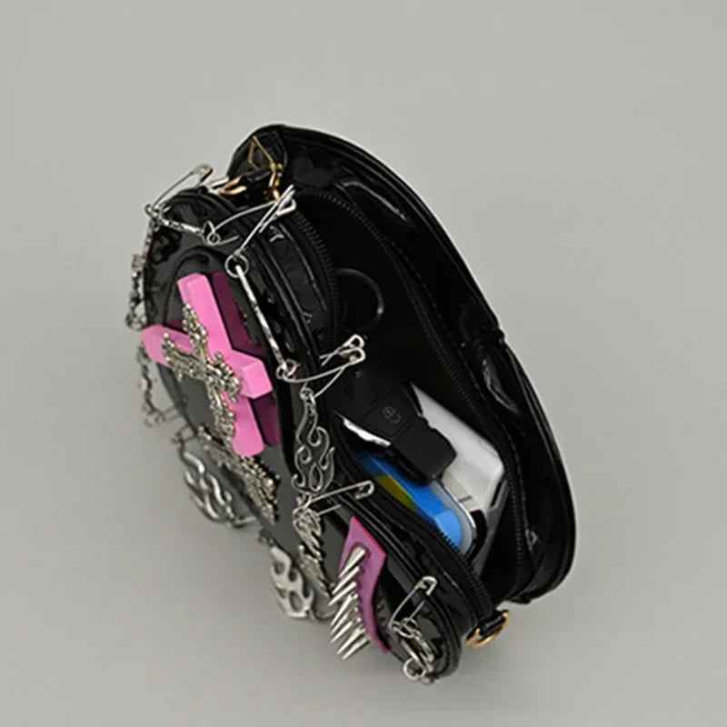 HeartShaped Leather Gothic Punk Crossbody Metal Decoration Shoulder Bag