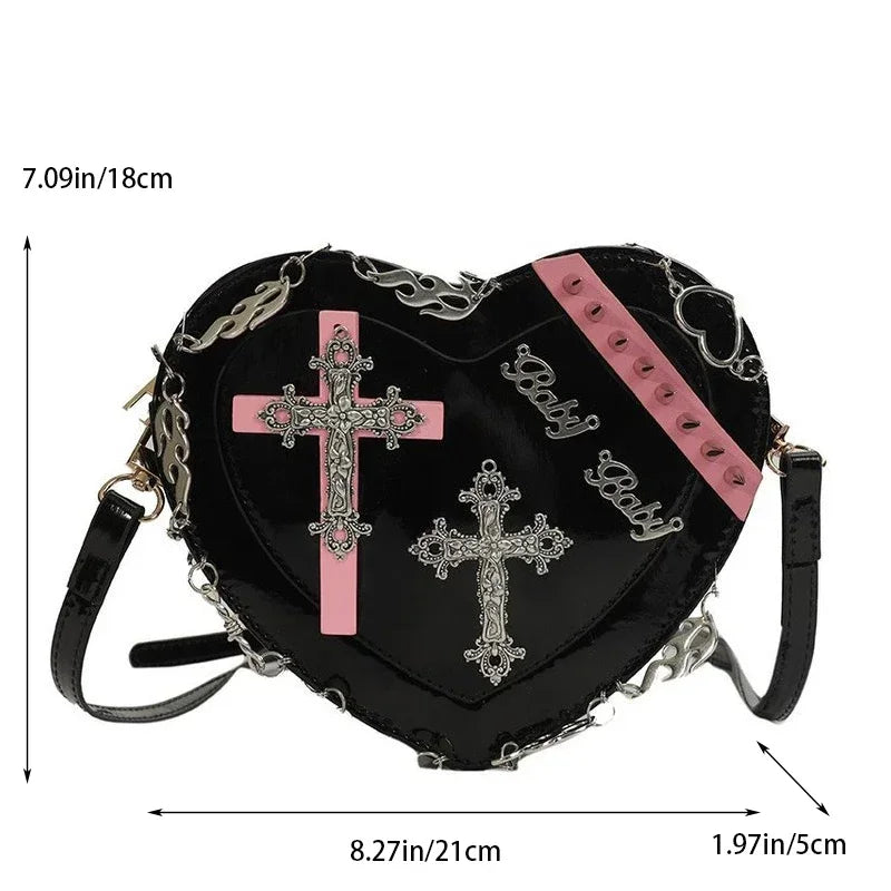 HeartShaped Leather Gothic Punk Crossbody Metal Decoration Shoulder Bag