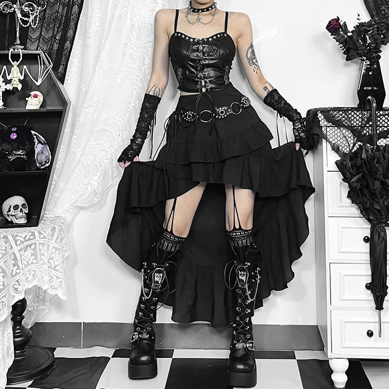Women's SteamRetro Gothic Pleated Asymmetric HiLow Lace Party Irregular Victorian HighLow Skirt