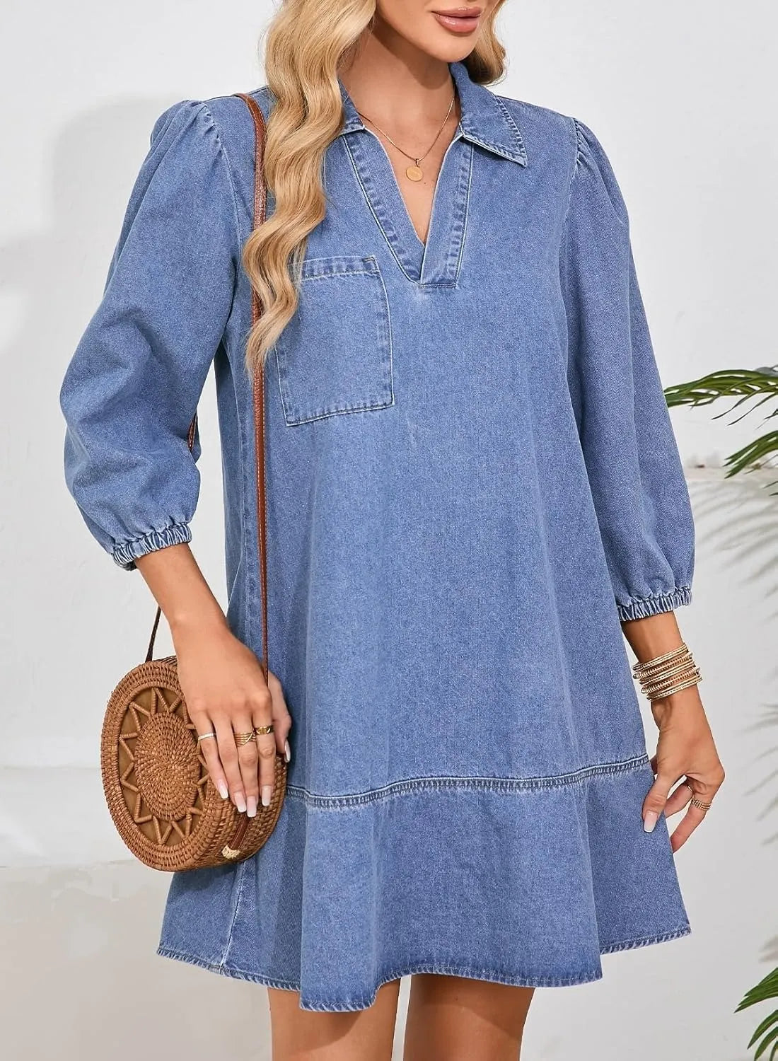 V-Neck Puff Sleeve Denim Layered Dress