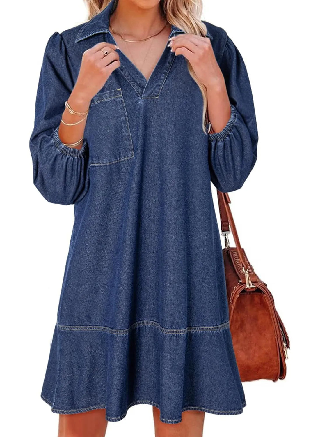 V-Neck Puff Sleeve Denim Layered Dress