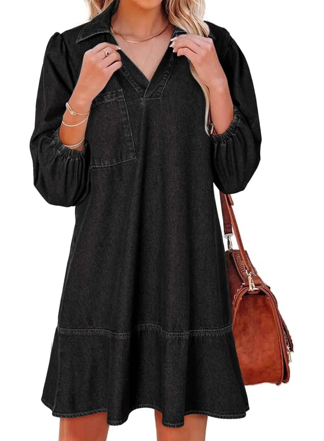 V-Neck Puff Sleeve Denim Layered Dress