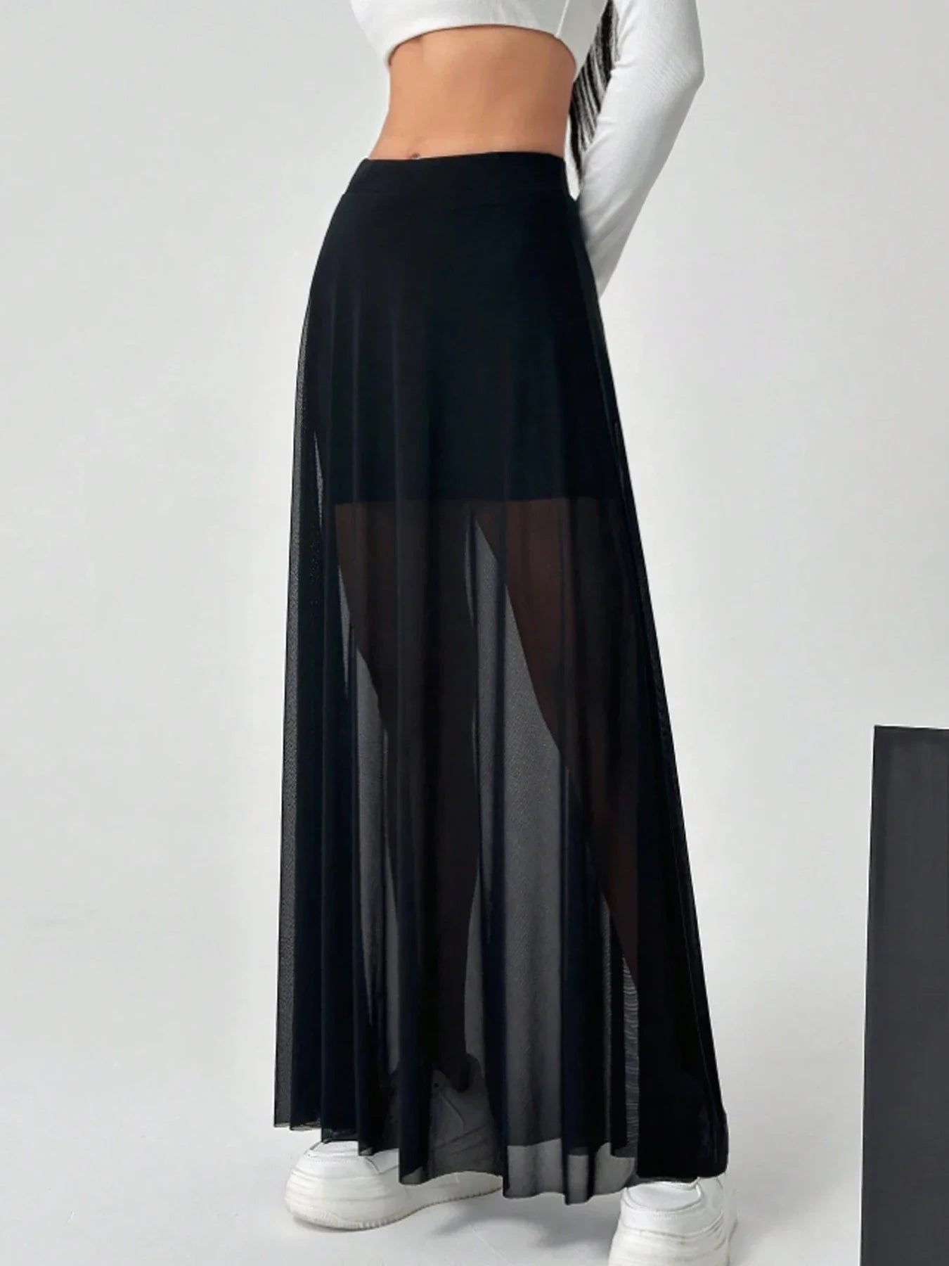 Women's Mesh Patchwork Elastic Highwaisted Aline Fashion Long Skirt