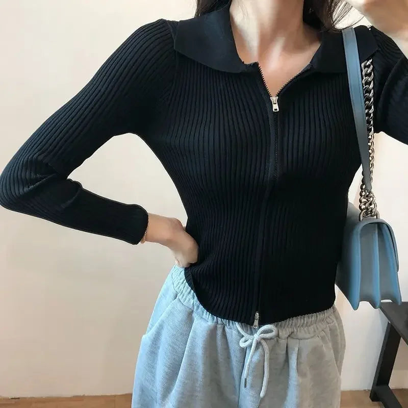 Slim Fit Polo Collar Double-Headed Zipper Knitted Cardigan