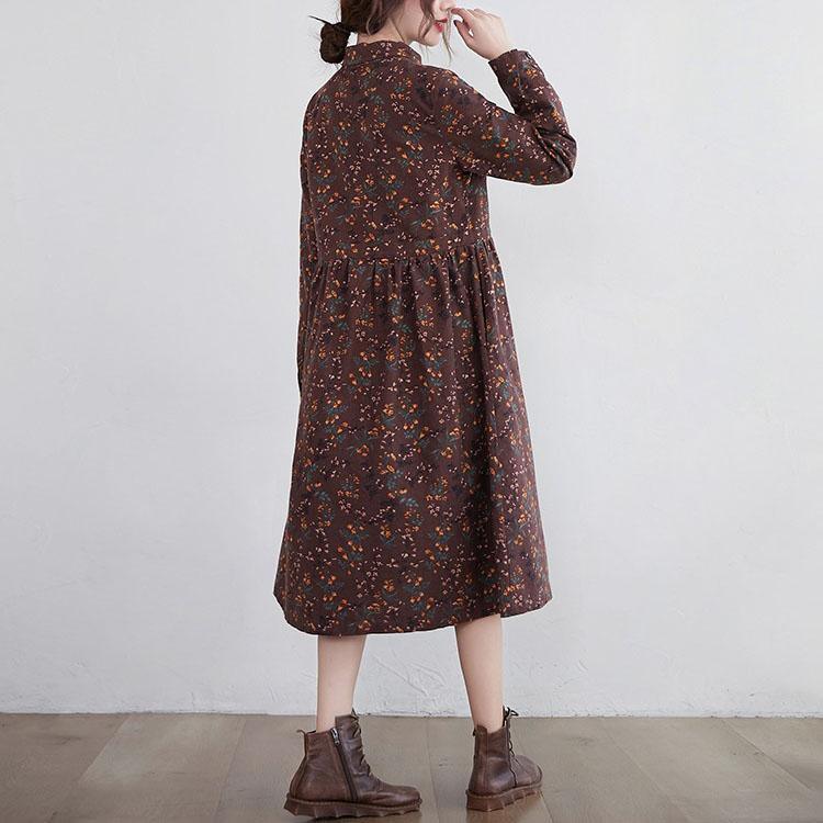 Women Cotton Linen Long Dress New 2021 Autumn Vintage Style Print Turn-down Collar Loose Ladies A-line Casual Dresses