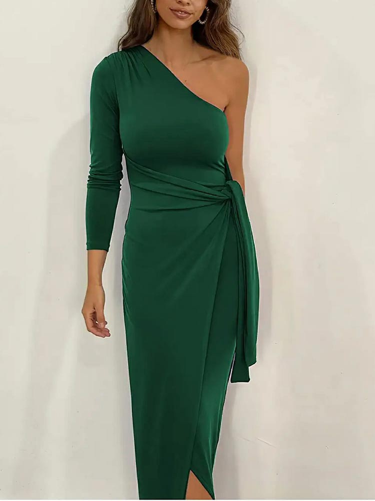 Women Elegant Long Sleeve One Shoulder Cocktail Bodycon Ruched Tie Waist Wrap Midi Dress