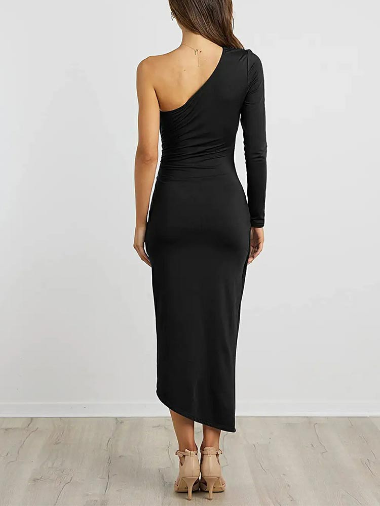 Women Elegant Long Sleeve One Shoulder Cocktail Bodycon Ruched Tie Waist Wrap Midi Dress
