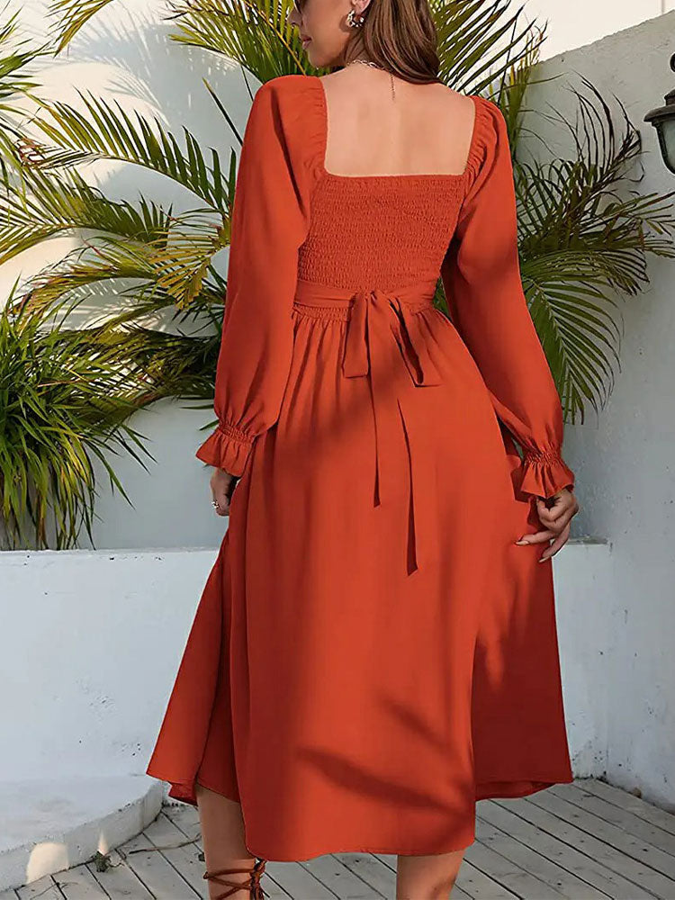 Women Long Puff Sleeve Sage Ruffle Wrap Flowy Midi Dress