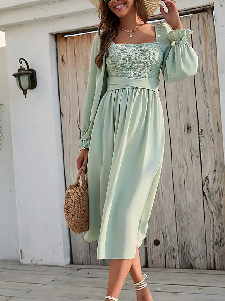 Women Long Puff Sleeve Sage Ruffle Wrap Flowy Midi Dress