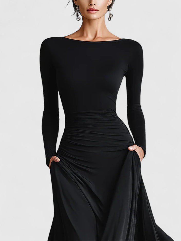 Black Boat Neck Long Sleeve Ruched A-Line Maxi Gown