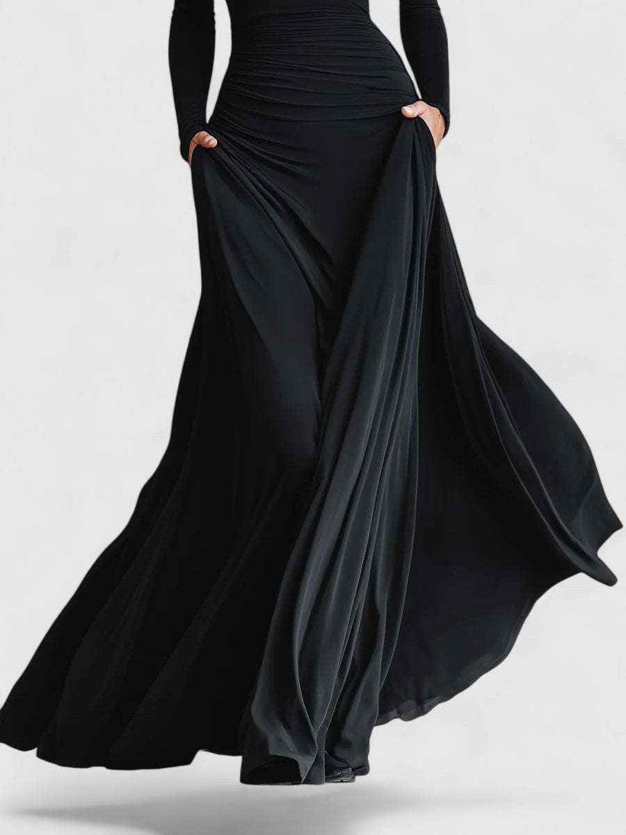 Black Boat Neck Long Sleeve Ruched A-Line Maxi Gown