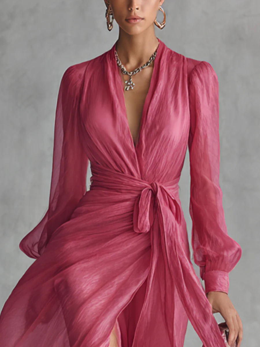 Pink V-Neck Chiffon Wrap Long Sleeve Tie Waist High Slit Maxi Gown