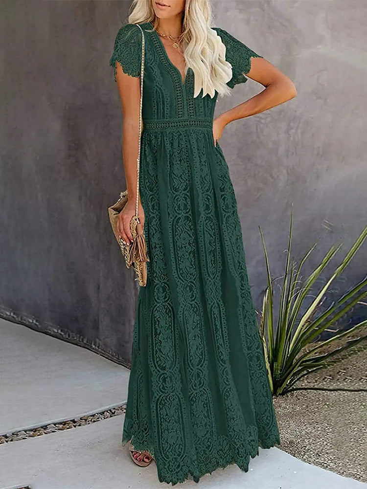 Women's Floral Lace Short Sleeve V Neck Bridesmaid Wedding Evening Party Maxi Dress