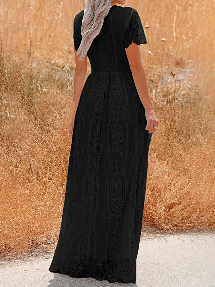 Women's Floral Lace Short Sleeve V Neck Bridesmaid Wedding Evening Party Maxi Dress