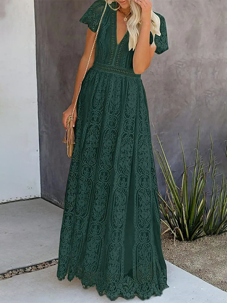 Women's Floral Lace Short Sleeve V Neck Bridesmaid Wedding Evening Party Maxi Dress
