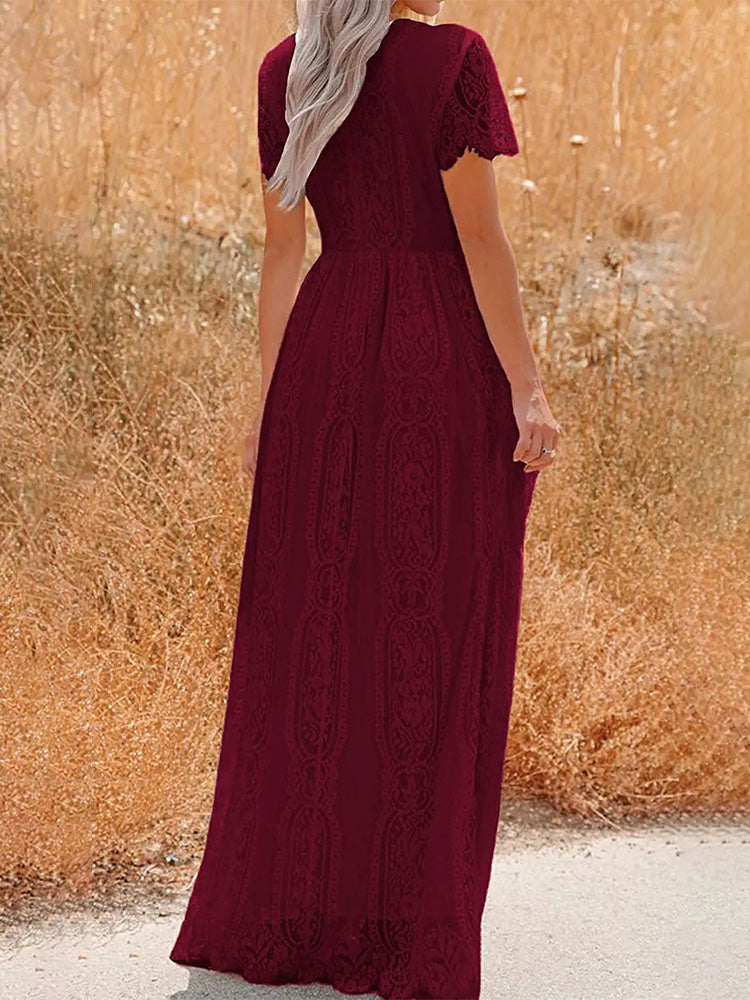 Women's Floral Lace Short Sleeve V Neck Bridesmaid Wedding Evening Party Maxi Dress