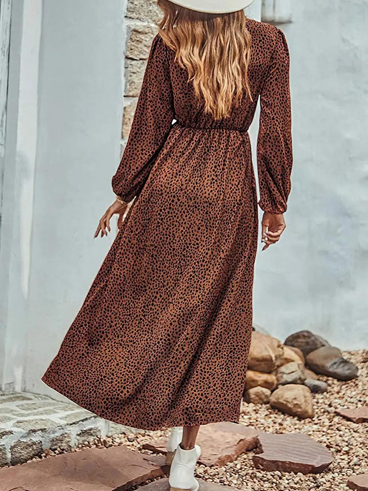Women’s Long Sleeve Bohemian V-Neck Floral Print High Split Tie Wrap Midi Dress