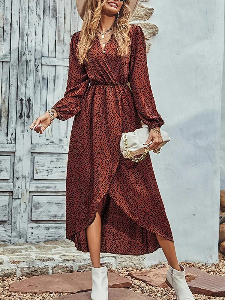 Women’s Long Sleeve Bohemian V-Neck Floral Print High Split Tie Wrap Midi Dress