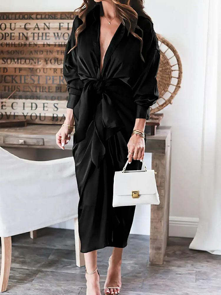 Women's Long Sleeve Lapel V Neck Button Down Satin Dresses Elegant Ruched Maxi Dress