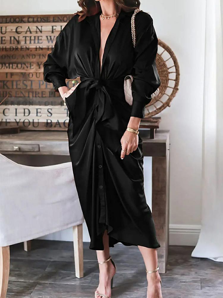 Women's Long Sleeve Lapel V Neck Button Down Satin Dresses Elegant Ruched Maxi Dress