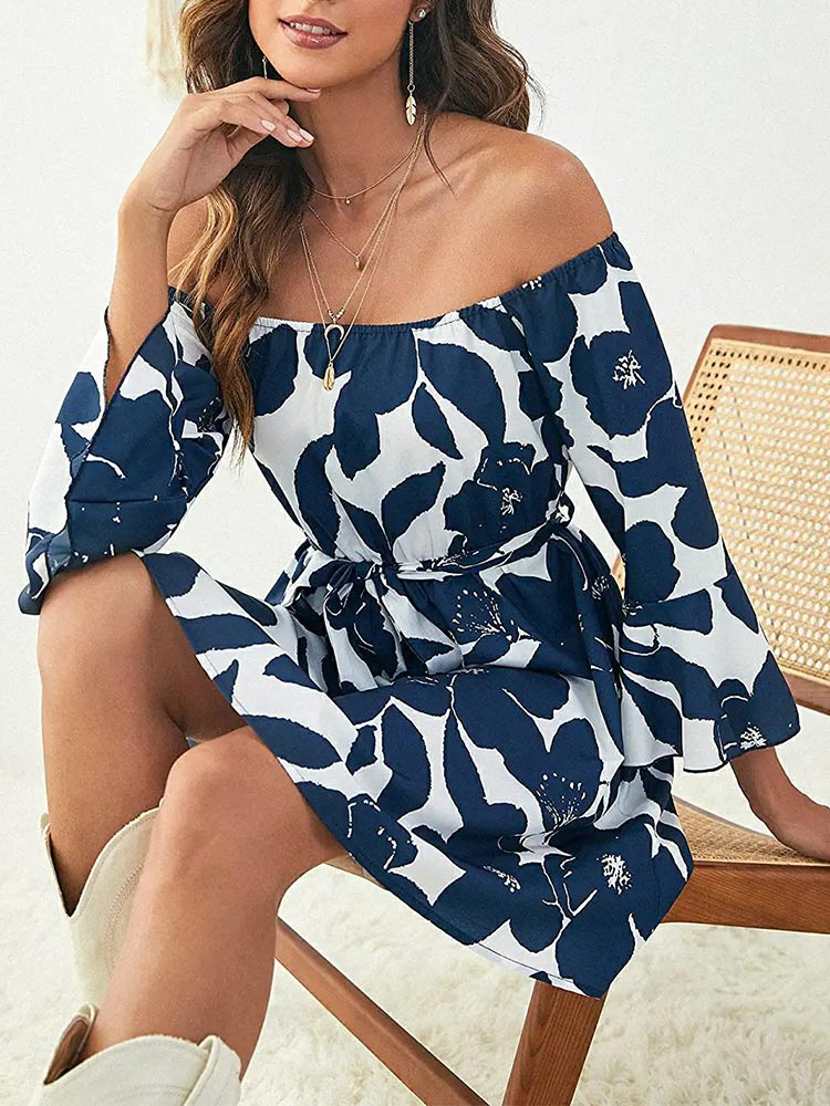 Women's Off Shoulder Ruffle Floral Wedding Guest Dresses A Line Shift Short Dress